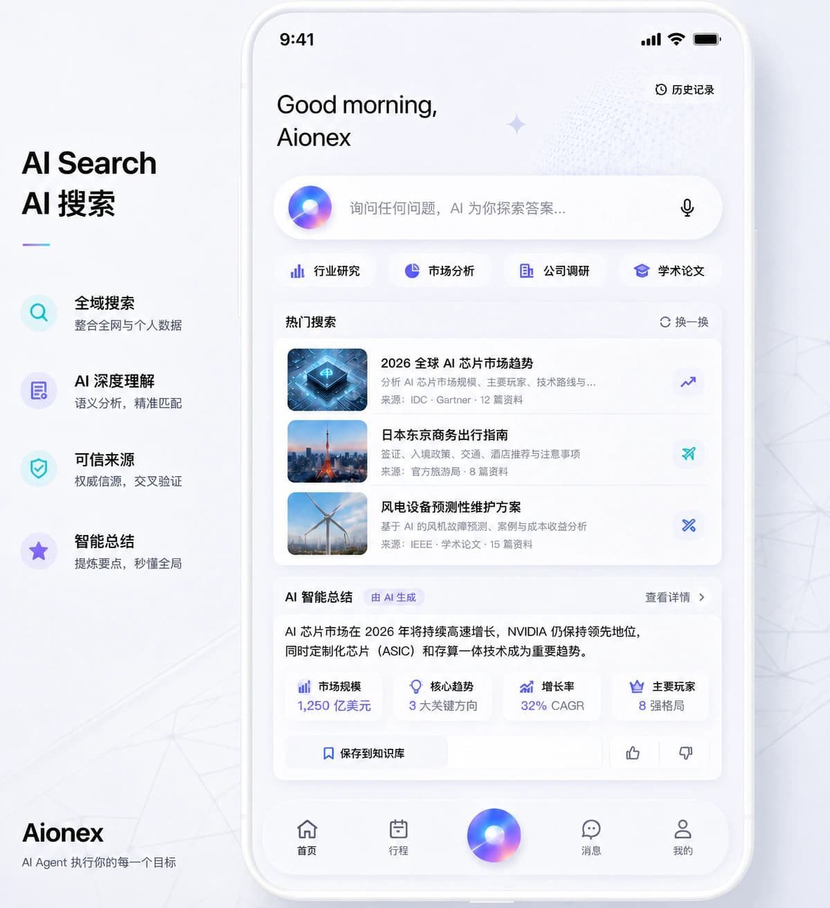 Aionex AI 搜索界面，展示全域搜索、热门结果、可信来源与智能总结